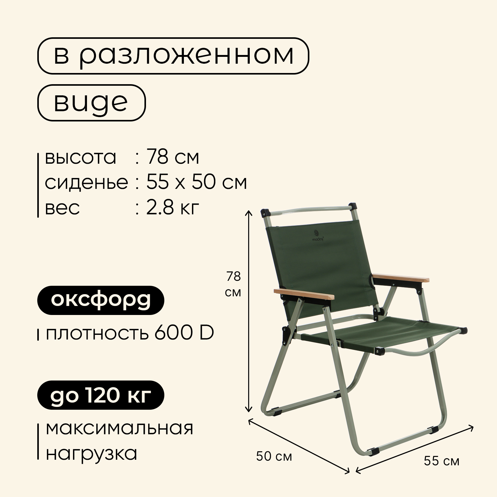 Кресло складное maclay 55 х 50 х 78 см до 120 кг цвет зелёный 5725₽