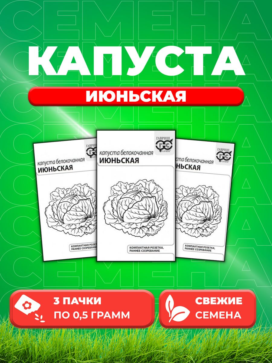 

Семена Капуста белокочанная Июньская, 0,5г, Гавриш, Б/П (3уп)