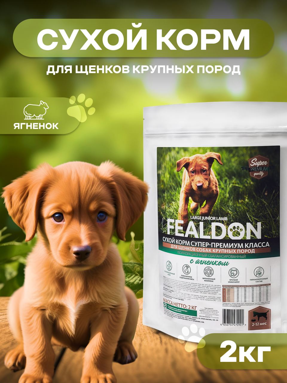 

Сухой корм для щенков Fealdon Large Junior Lamb, для крупных пород, с ягненком, 2 кг, Fealdon Large Junior Lamb