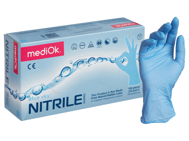 Медицинские перчатки mediOk нитриловые,голубой Blue Sky 4г., S 100 шт