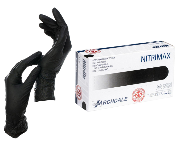 Купить Медицинские перчатки нитриловые текстур NitriMax, черные XL 100 шт, черный