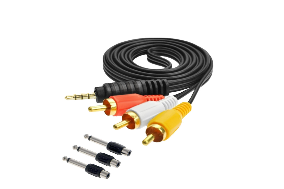 

Кабель AUX Nocab mini Jack 3.5mm-3 RCA,1,5 метра с переходником штекер jack 6.35 мм,3 шт, Черный
