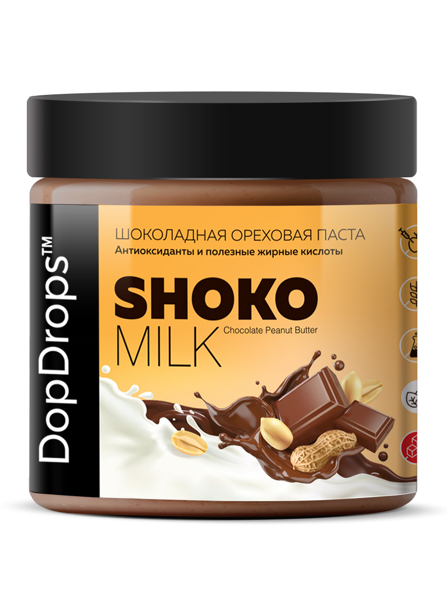 фото Шоколадно-ореховая паста shoko milk с арахисом и молочным шоколадом без сахара, 500 г dopdrops