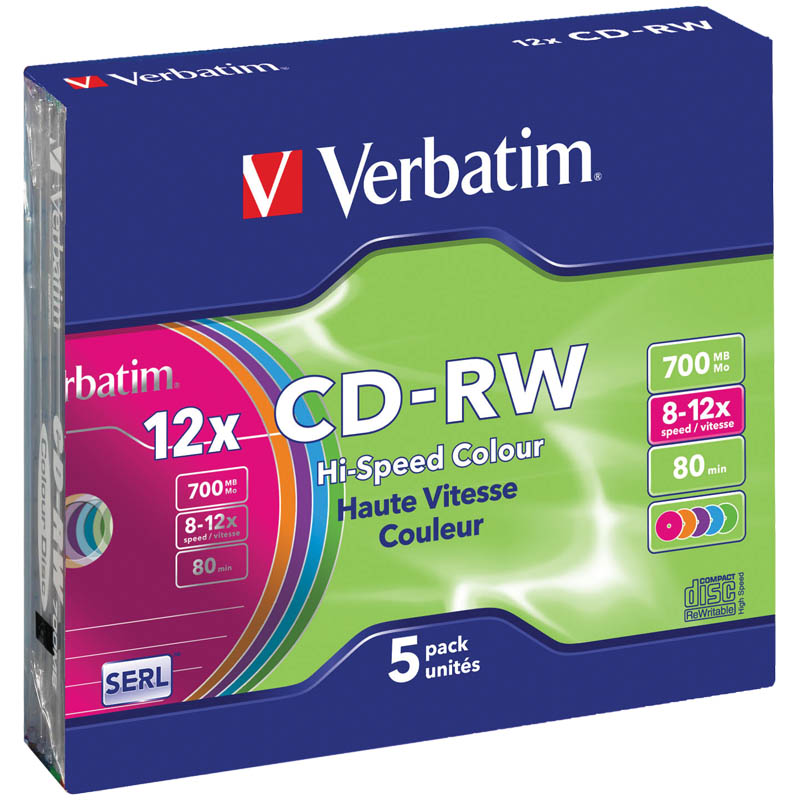 

Диск CD-RW 700Mb Verbatim 8-12х Color Slim DL+
