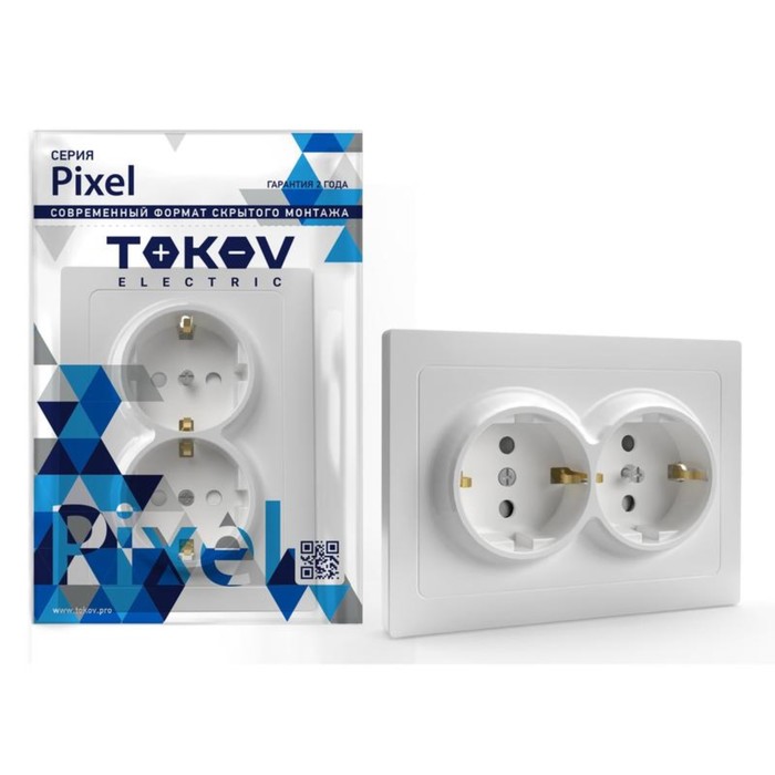 Розетка TOKOV ELECTRIC, Pixel, 2-м, 16А, IP20, с з/к, с защ. шторкой, белый