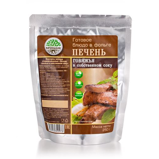 

Готовое блюдо "Печень говяжья в собственном соку" 250 г. (Кронидов)