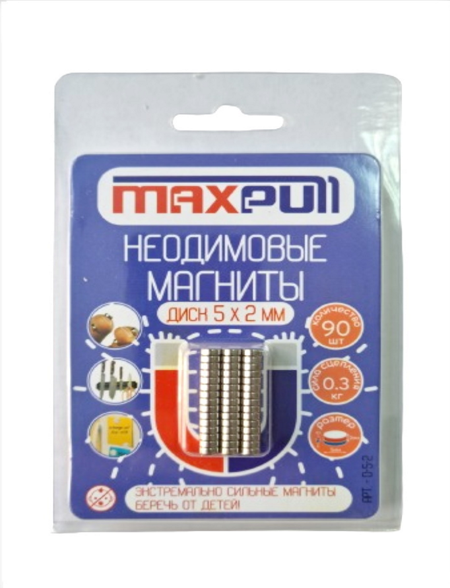Неодимовые мощные магниты MaxPull, диски 5х2 мм - 90 шт в блистере, сила сцепления 0.3 кг.