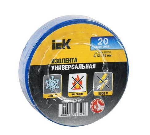 фото Изолента iek uiz-13-10-k07 ш.15мм 20м синий 1шт