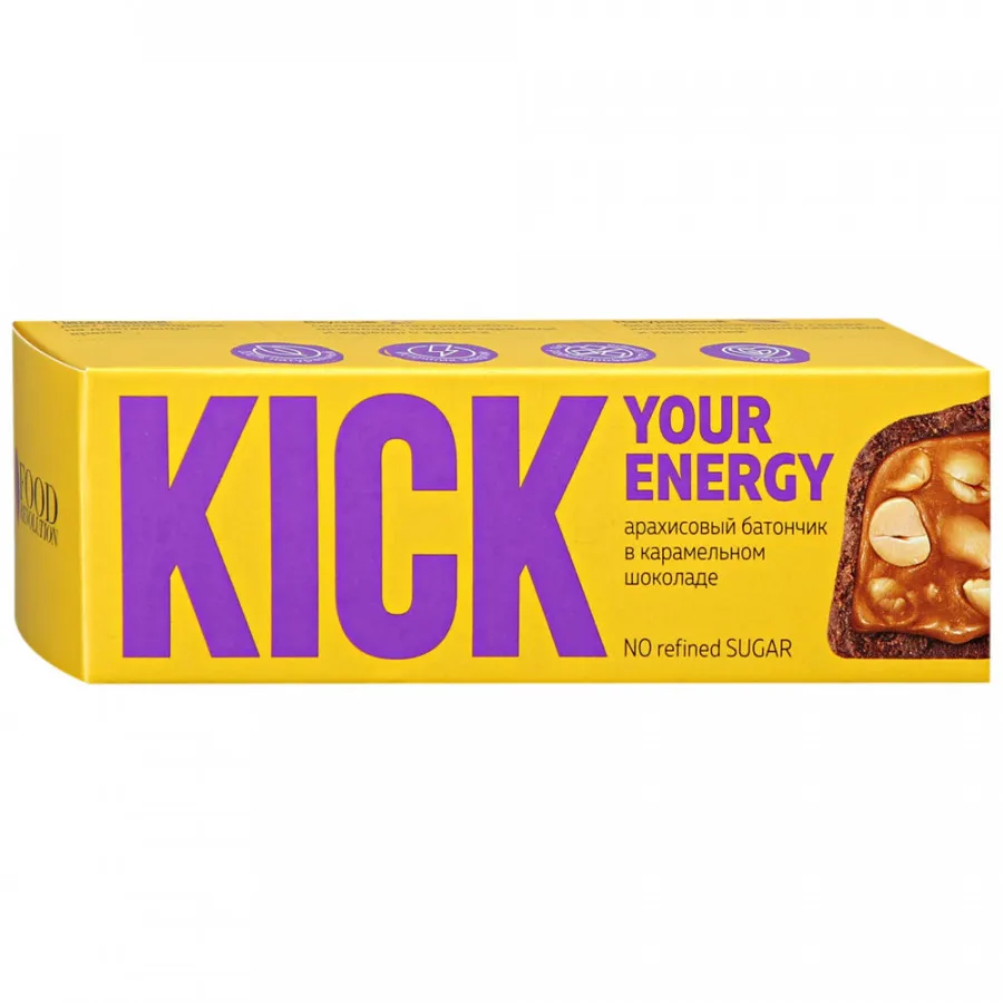 Батончик Food Revolution Kick арахисовый в карамельном шоколаде 45 г