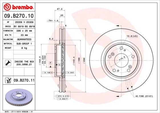 

Тормозной диск brembo передни йдля Honda Accord VIII 09B27010