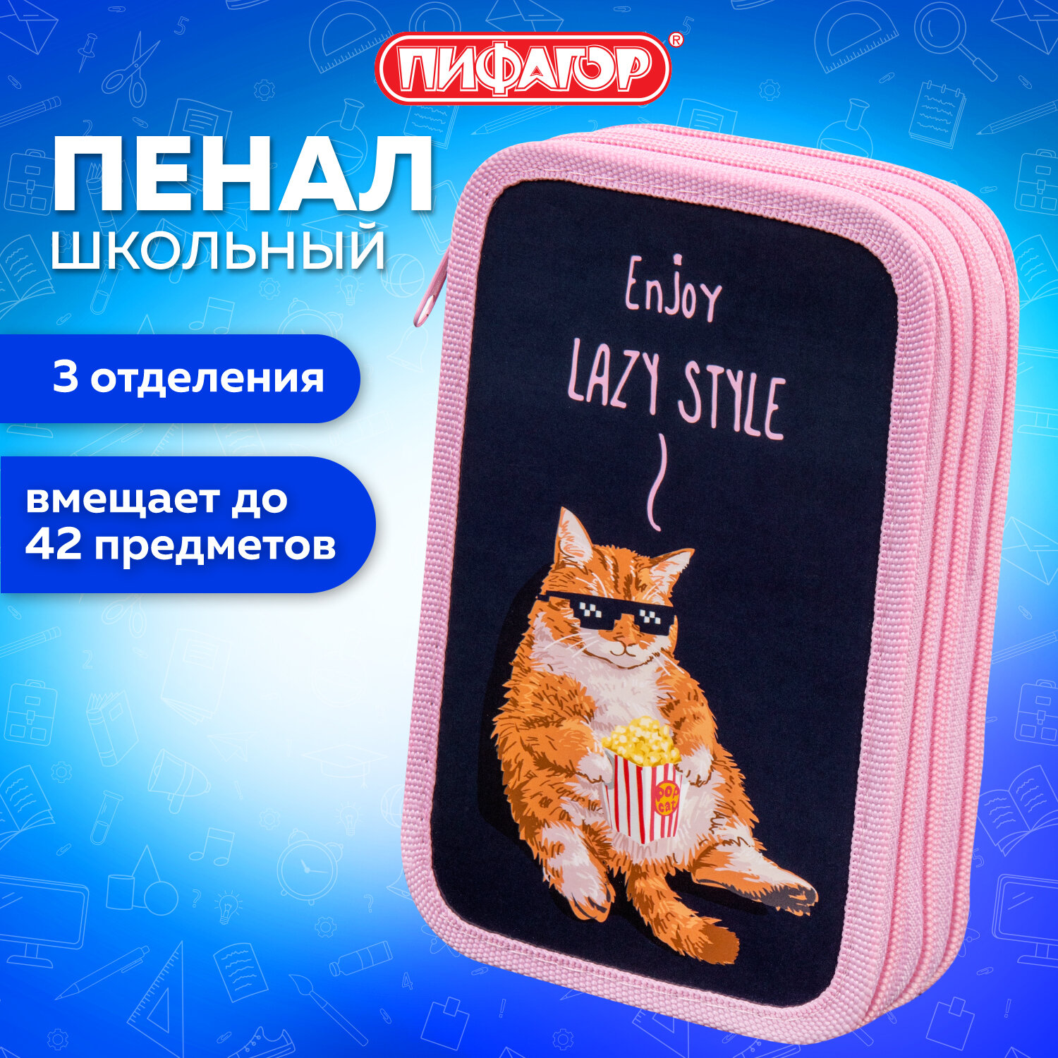 Пенал школьный Пифагор Lazy cat, 272252, для девочек для карандашей, ручек 3 отделения