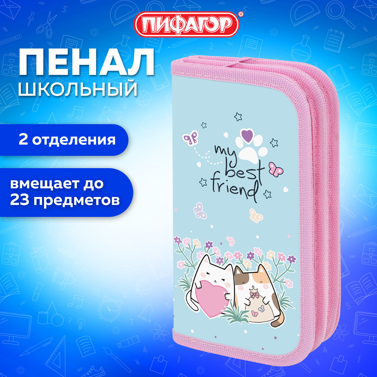 Пенал школьный Пифагор Cat friends 272247 для мальчиков для карандашей ручек 2 отдел 496₽