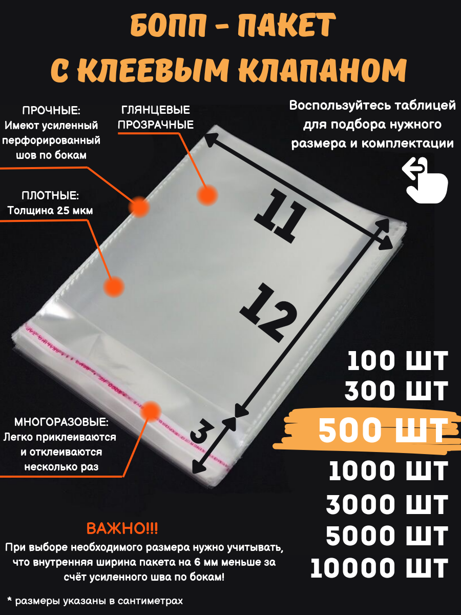 

Упаковочные бопп пакеты с клеевым клапаном MasterPack 11x12см 500шт, Прозрачный, 11х12