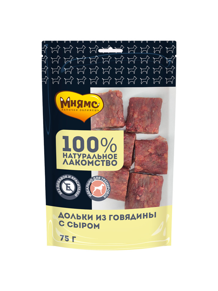 

Лакомство для собак Мнямс Дольки из говядины с сыром, 75 г