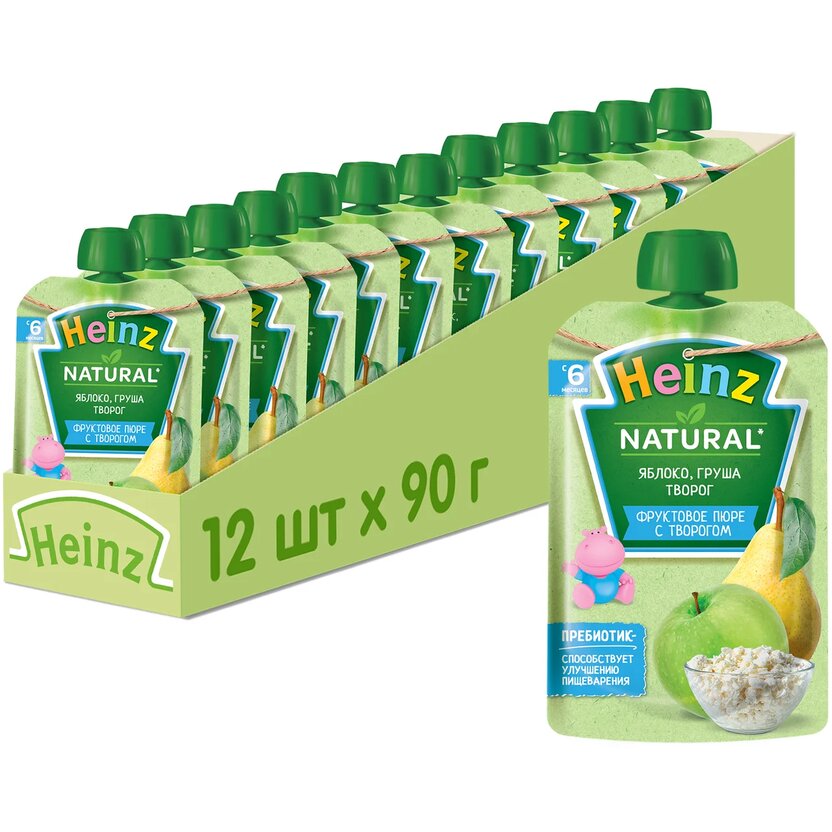 

Пюре Heinz яблоко, груша, творог пауч , 6 мес., 90г, 12 шт., Яблоко, груша, творог пауч