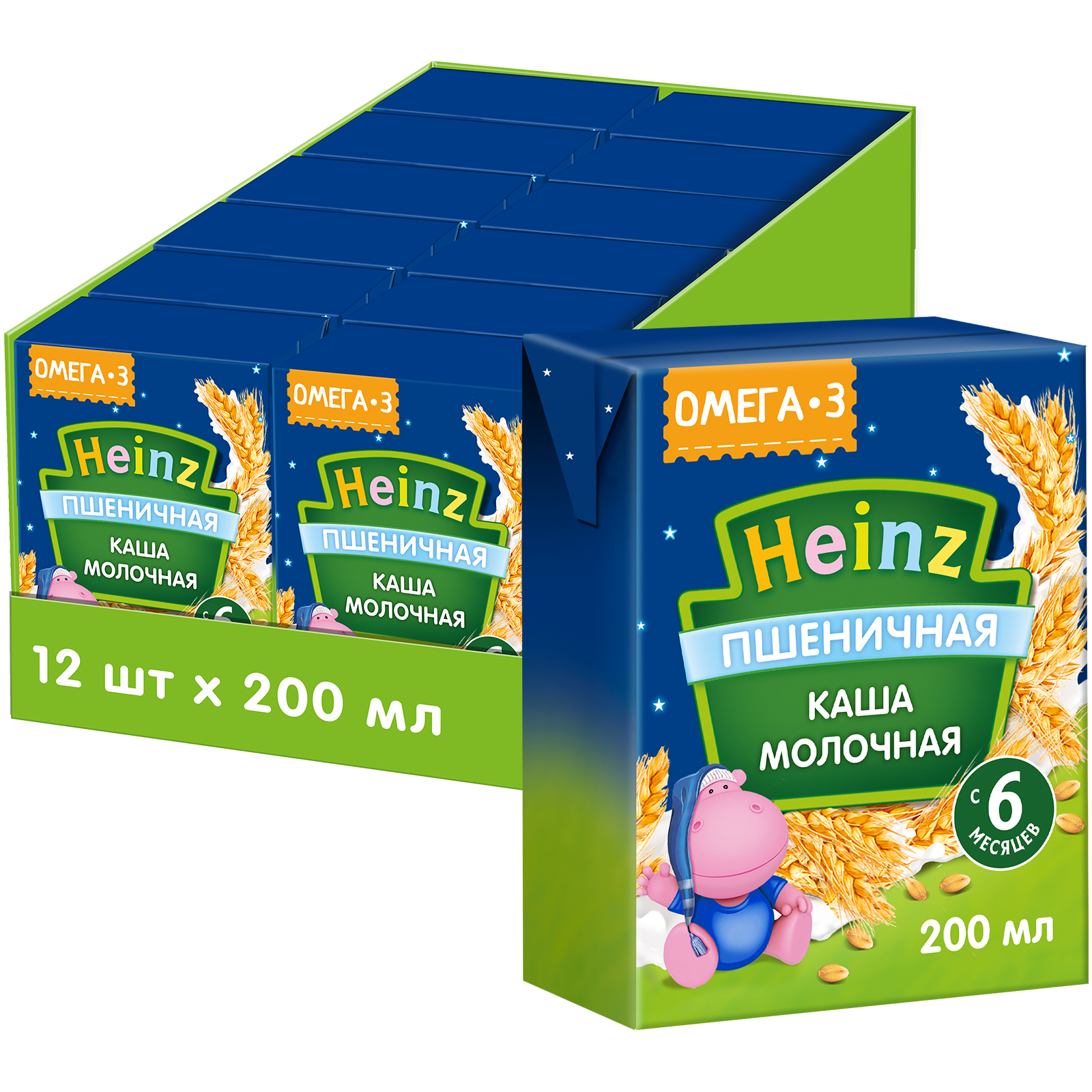 

Каша Heinz мол. готовая пшеничная с Омега 3, 6 мес., 200мл, 12 шт, Готовая пшеничная с Омега 3