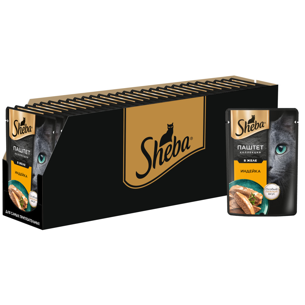 

Влажный корм для кошек Sheba, нежный паштет в желе, с индейкой, 28 шт по 75 г
