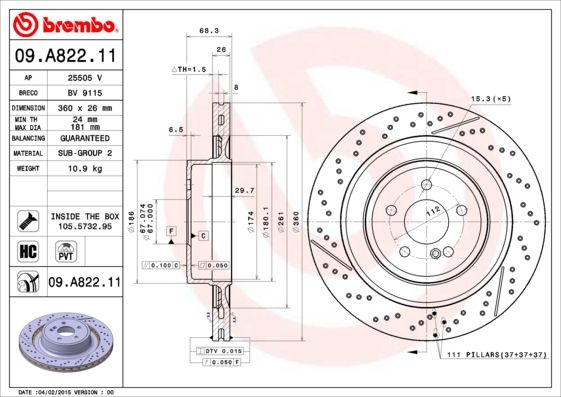 

Тормозной диск brembo комплект 1 шт. 09A82211