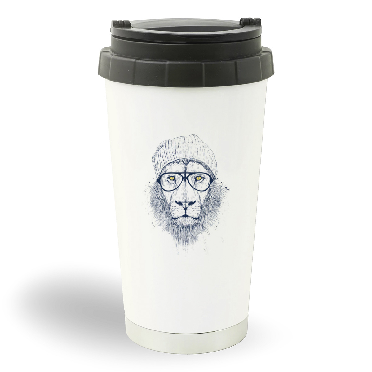 

Термостакан белый CoolPodarok Лев в шапке с очками желтые глаза