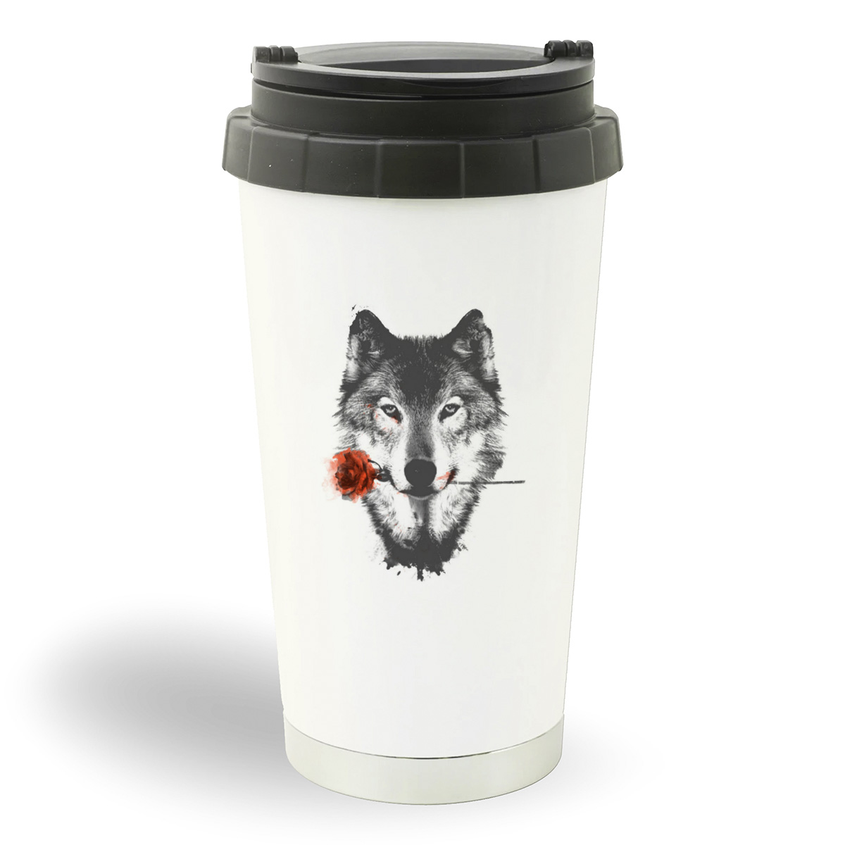 

Термостакан белый CoolPodarok Животные Волк с розой в зубах