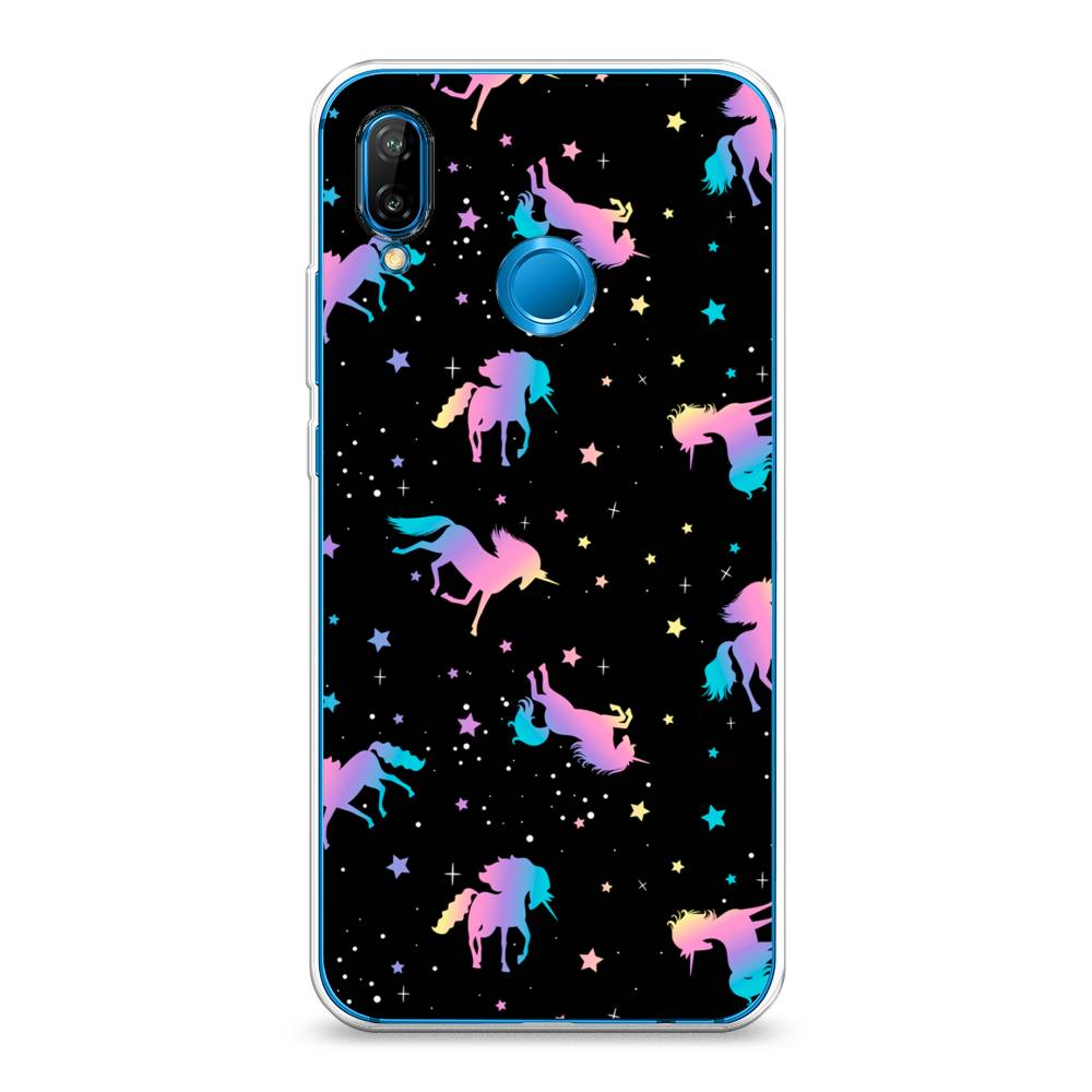 

Чехол на Huawei Nova 3E "Единороги градиент", Черный;розовый;голубой, 65650-1