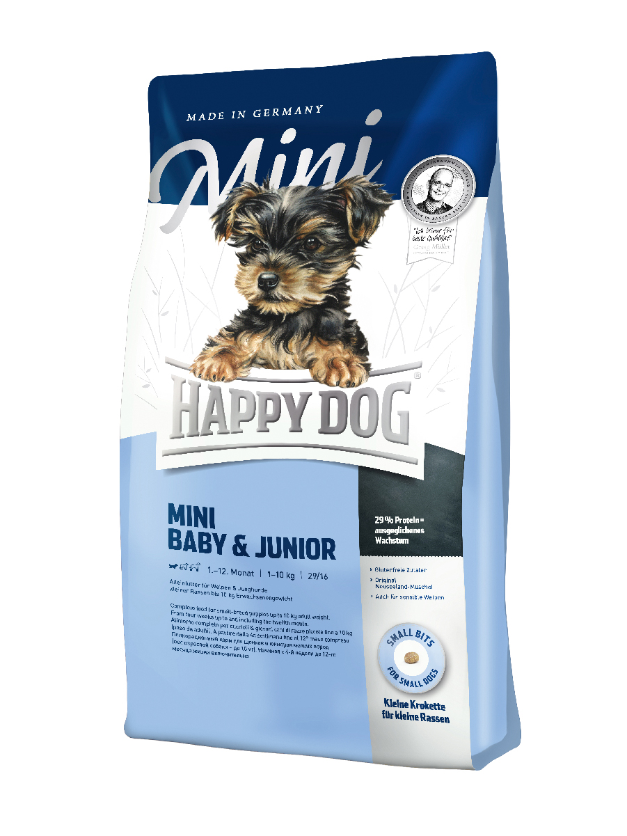 фото Сухой корм для щенков happy dog supreme baby&junior mini, мелкие породы, птица, лосось,4кг