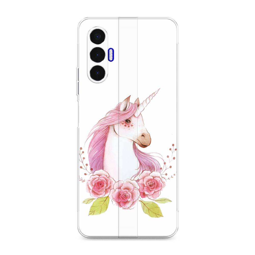 

Чехол для Tecno Pova 3 "Единорог цветы", Белый;розовый;серый, 301550-1