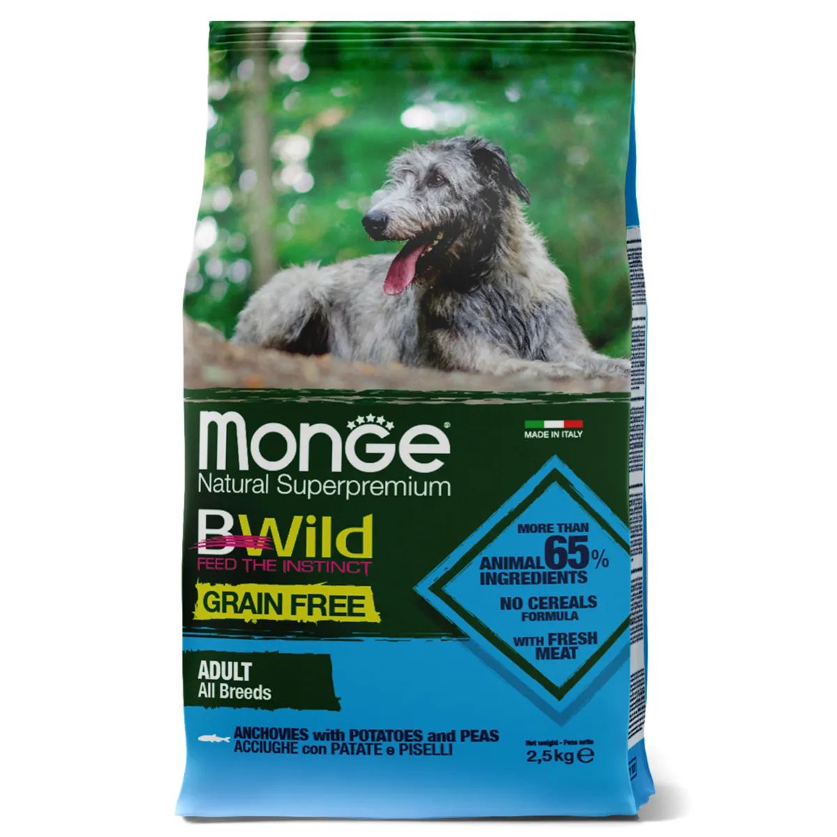 

Сухой корм для собак Monge BWild Grain Free, беззерновой, анчоус, картофель, горох, 2,5кг, BWild Grain Free Adult