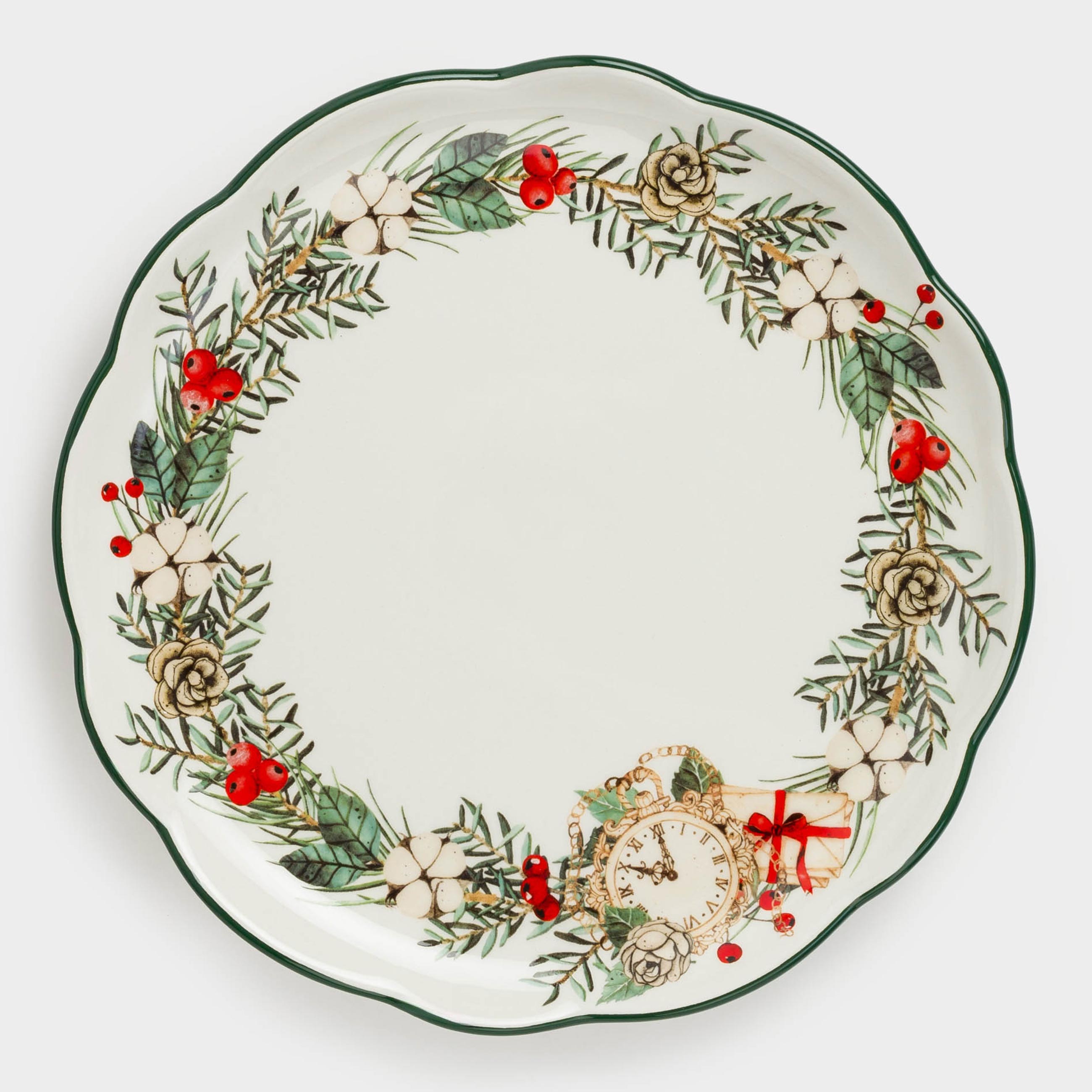 

Тарелка обеденная, 25 см, керамика, Венок и часы, Christmas green