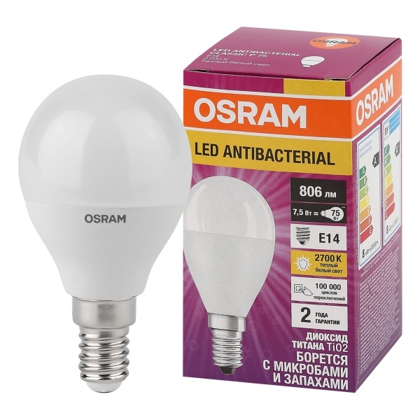 фото Светодиодная антибактериальная лампа osram lc clp60 7.5w/827 230vfr e14 10x1 4058075561298