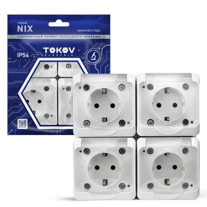 фото Розетка tokov electric, nix, 4-м, 16а, ip54, 250в, с з/к, с прозр. кр, белый