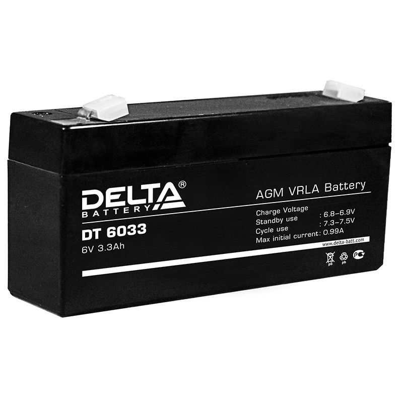 Аккумулятор Delta DT 6033 6В 3,3Ач 134x34x66 мм Прямая (+-)