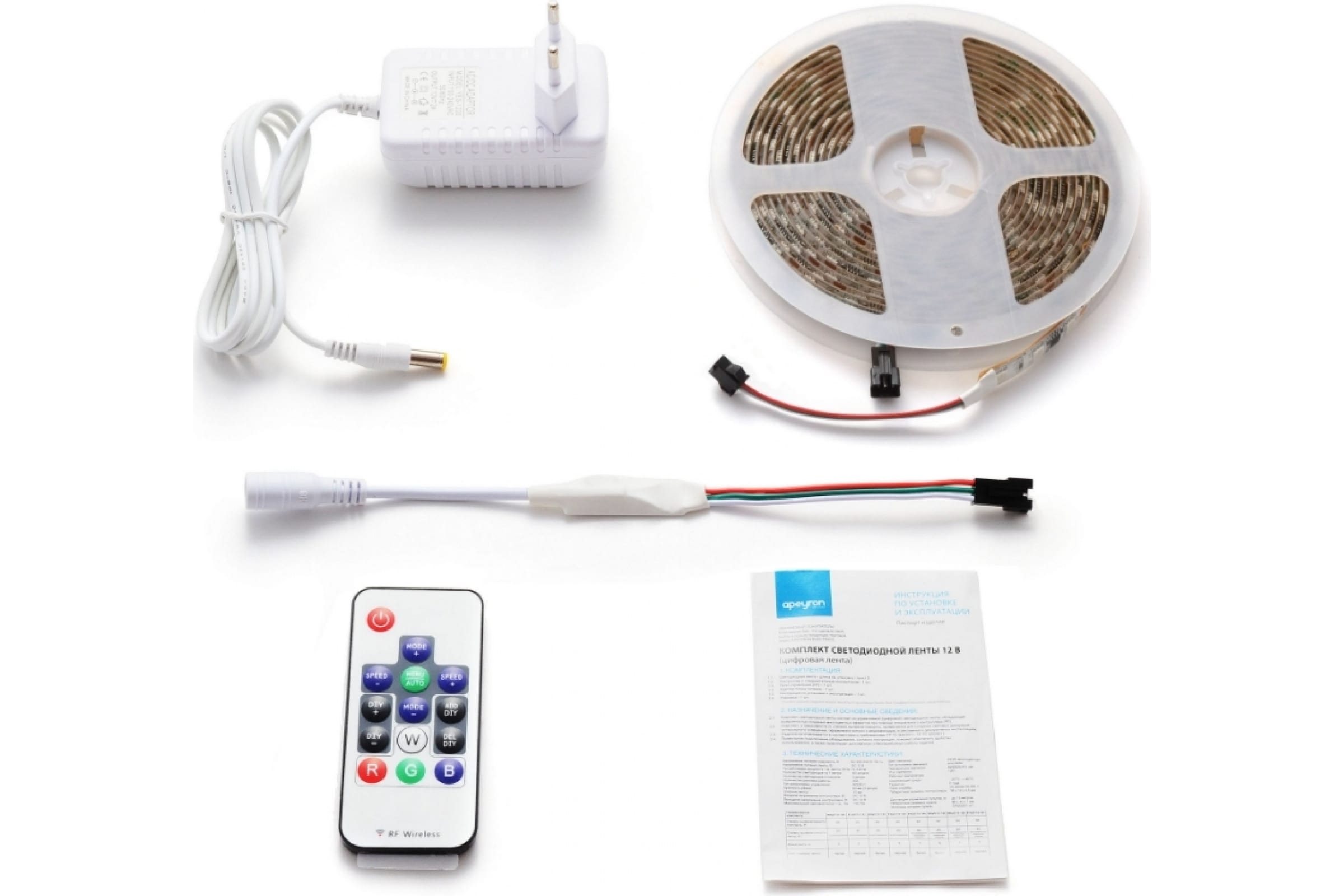 

Комплект цифровой светодиодной ленты Apeyron 12В, 14,4Вт/м, smd5050, 60д/м, IP65, подложка
