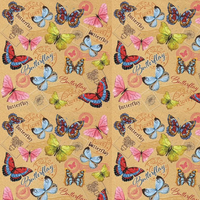 Бумага упаковочная крафт Тропические бабочки, 80 г/м2, 1л 70х100см, 44736, (3шт.)