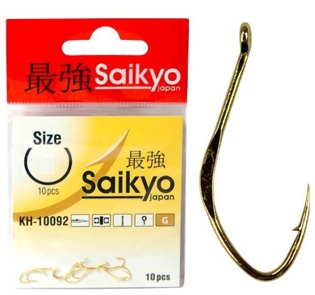 

Одинарные крючки Saikyo кристалл №10 G, с колечком, загнутое острие, с бородкой, Золотистый, KH-10092