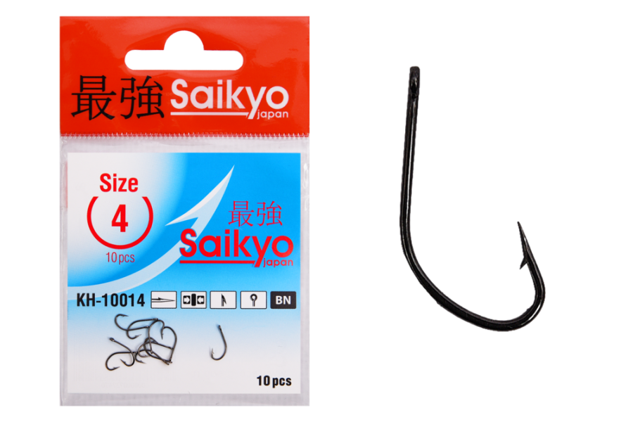 

Одинарные крючки Saikyo Curve Shank №6 BN, с колечком, прямое острие, с бородкой, Черный, KH-10014 Maruseigo