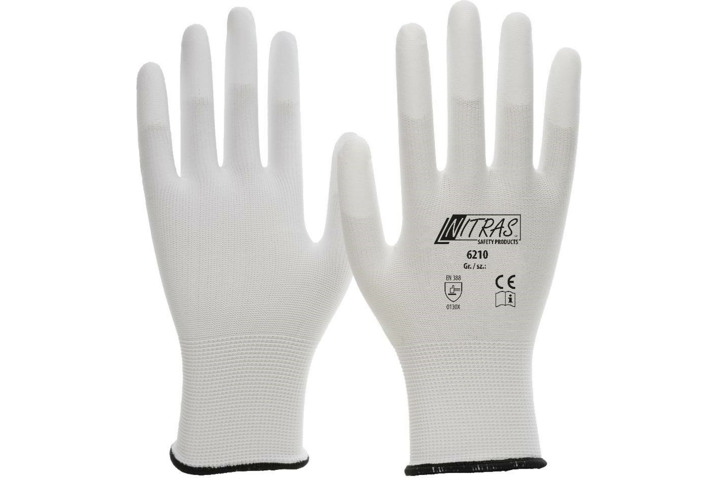 Трикотажные бесшовные перчатки Nitras, белые, ПУ покрытие кончиков пальцев, класс 13G, р.1