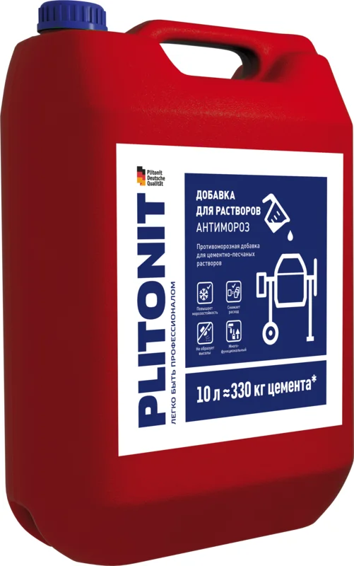 

Добавка противоморозная ПЛИТОНИТ АНТИМОРОЗ для цементно-песчаных растворов 3 л (до -20°С)