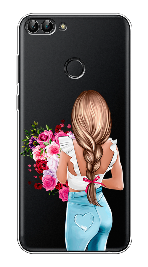 

Чехол на Huawei Y9 2018 "Девушка с цветами", Коричневый;розовый;голубой, 64950-6