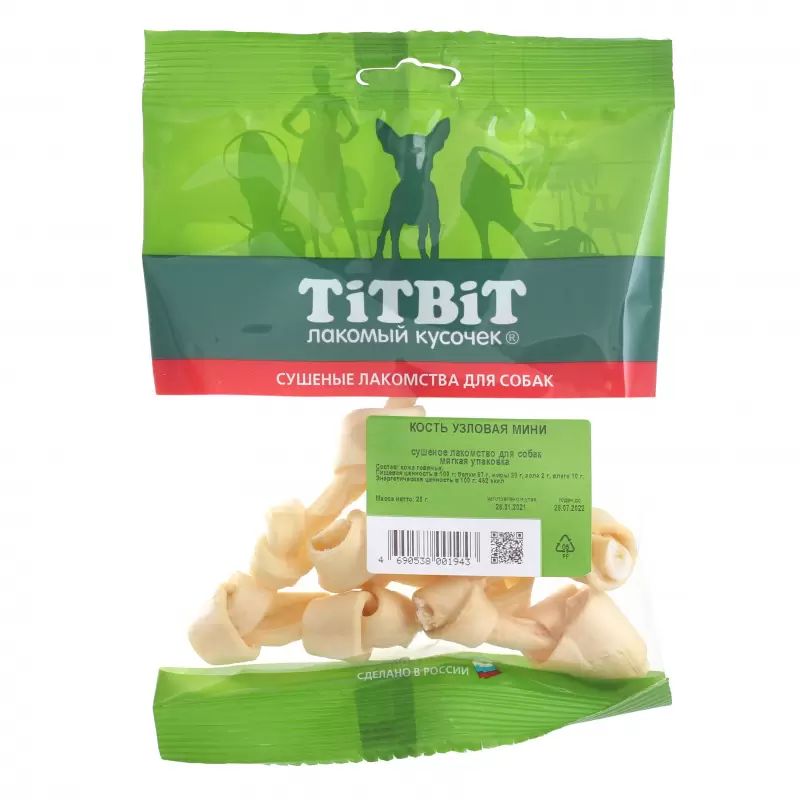 

Лакомство для собак TIT BIT Кость узловая мини, 2 шт по 28 г