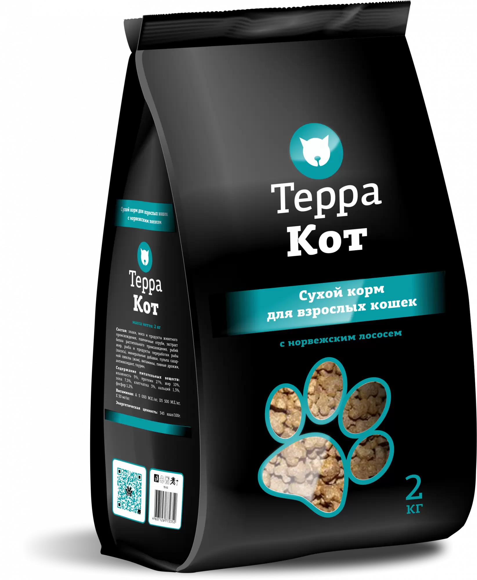 Сухой корм для кошек ТЕРРА КОТ с норвежским лососем, 4шт по 2 кг