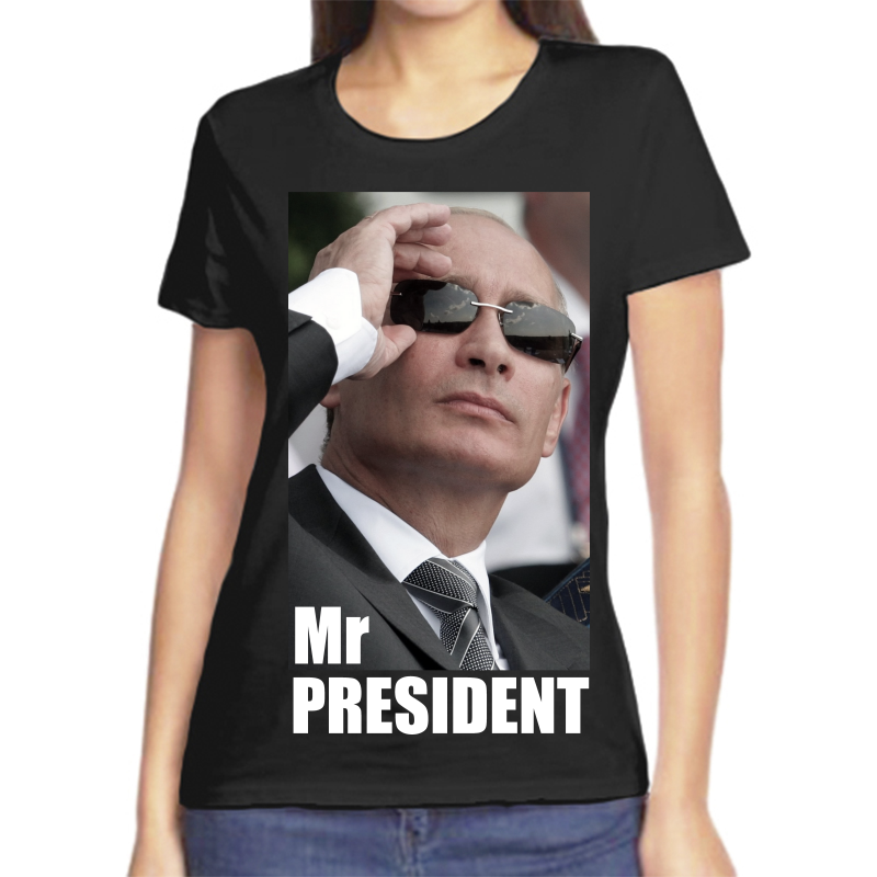 Женская черная футболка размера 54 с изображением Путина Mr. Prezident.