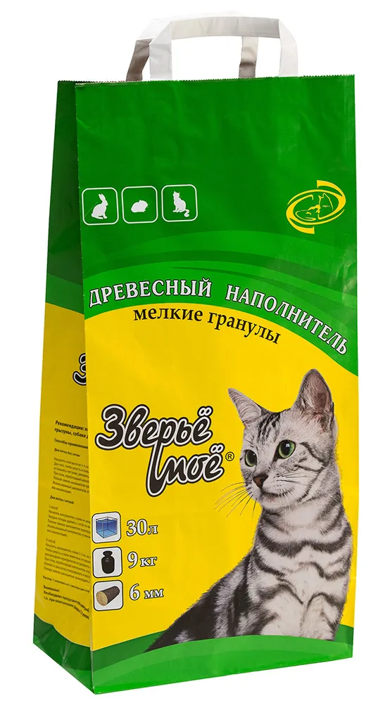 Наполнитель ЗВЕРЬЁ МОЁ древесный,мелкие гранулы, 2 шт по 30 л