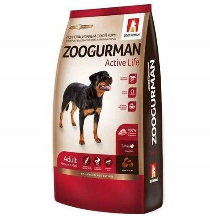 

Сухой корм для собак Zoogurman Active Life для средних и крупных пород, с индейкой, 12 кг