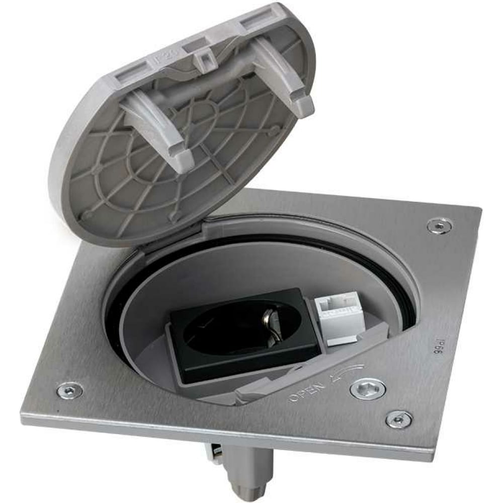 

Влагостойкая основа с розеткой Simon, IP66 2PE Schuko К45 RJ45 5e UTP с замком, сталь KSE1