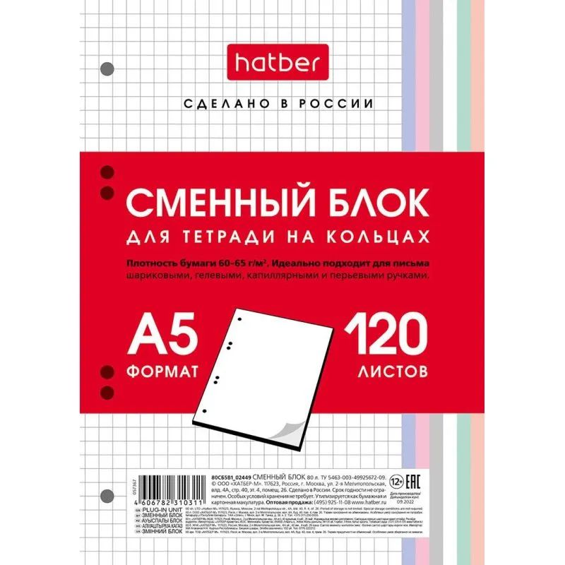 Блок сменный для тетрадей на кольцах 120л,кл,А5,многоцв.срез 078563