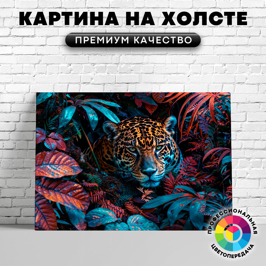 

Картина на холсте Леопард среди листвы 75х100 см, ЖЛЕОП