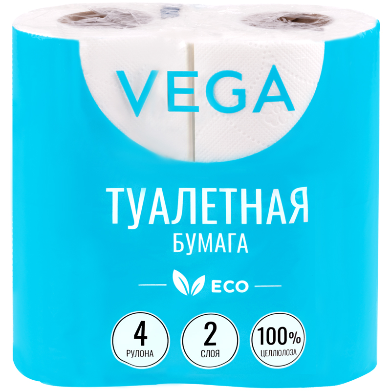 Бумага туалетная 2-слойная Vega Эко белая 15м 4 рул/уп 12 уп.