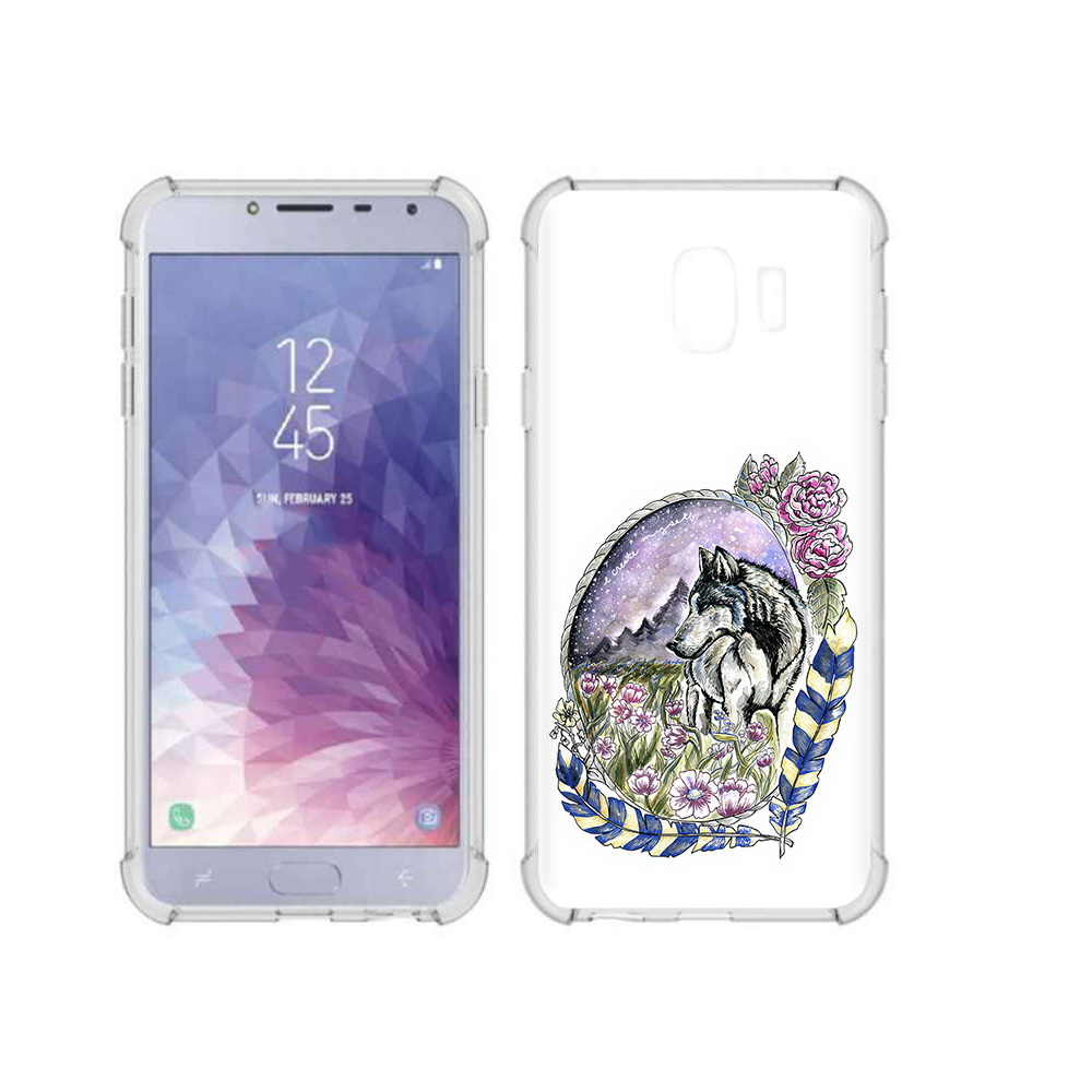 

Чехол MyPads Tocco для Samsung Galaxy J4 (2018) нарисованный волк в цветах с перьями, Прозрачный, Tocco