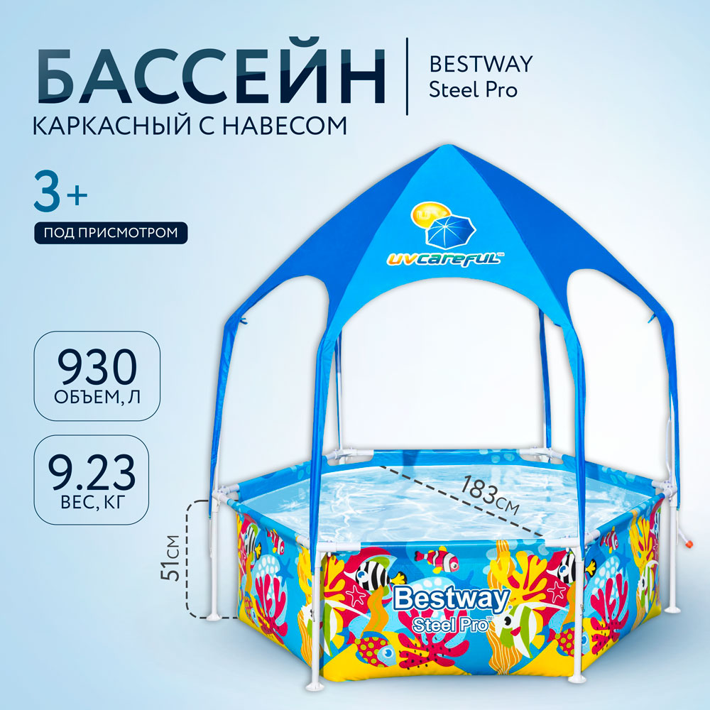 Бассейн каркасный BESTWAY с навесом 183x51см 930л 36000₽